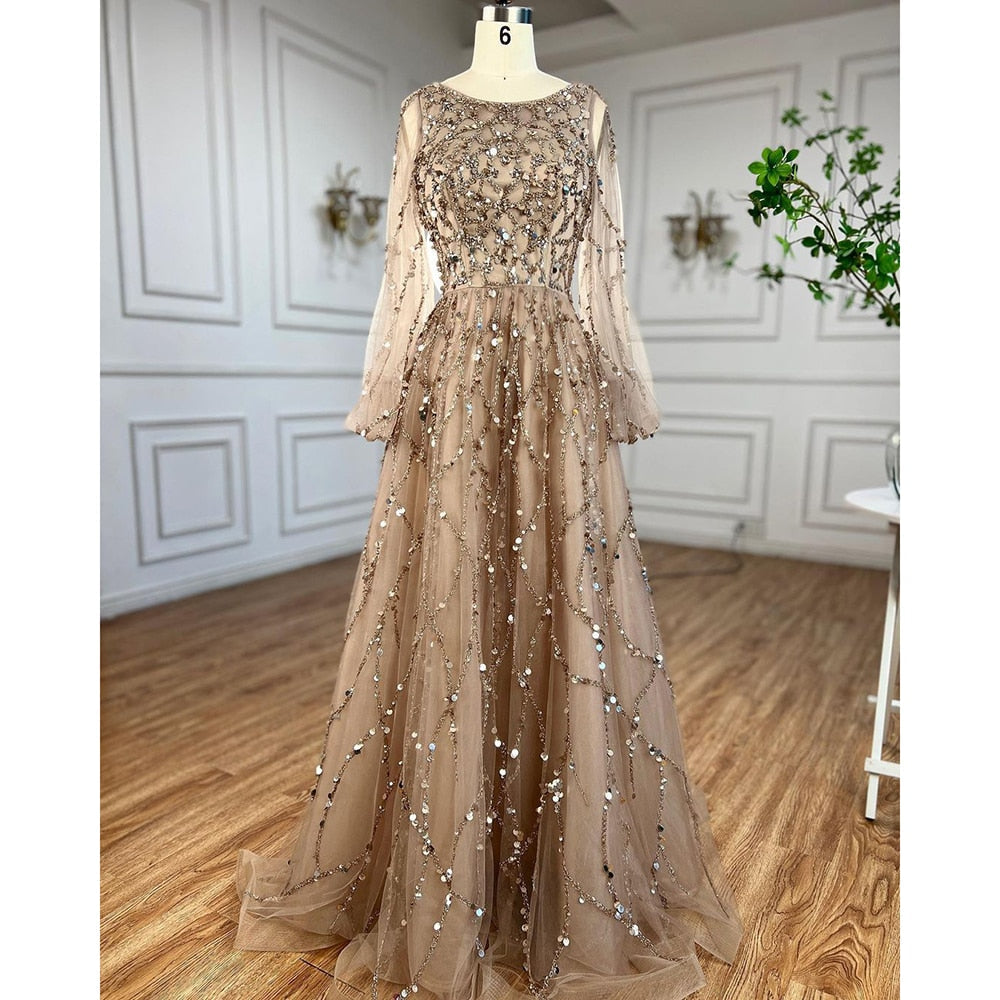 Serene Hill Muslim Green A-Line Luxury Evening Dreses Gowns 2025  O-Neck Puff Sleeves Beaded Sexy Formal Woman Party LA71049A