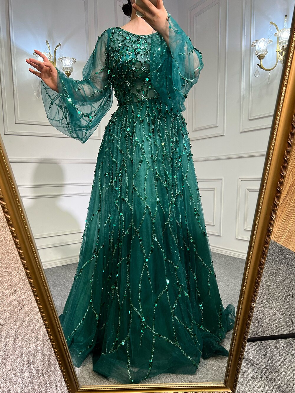 Serene Hill Muslim Green A-Line Luxury Evening Dreses Gowns 2025  O-Neck Puff Sleeves Beaded Sexy Formal Woman Party LA71049A