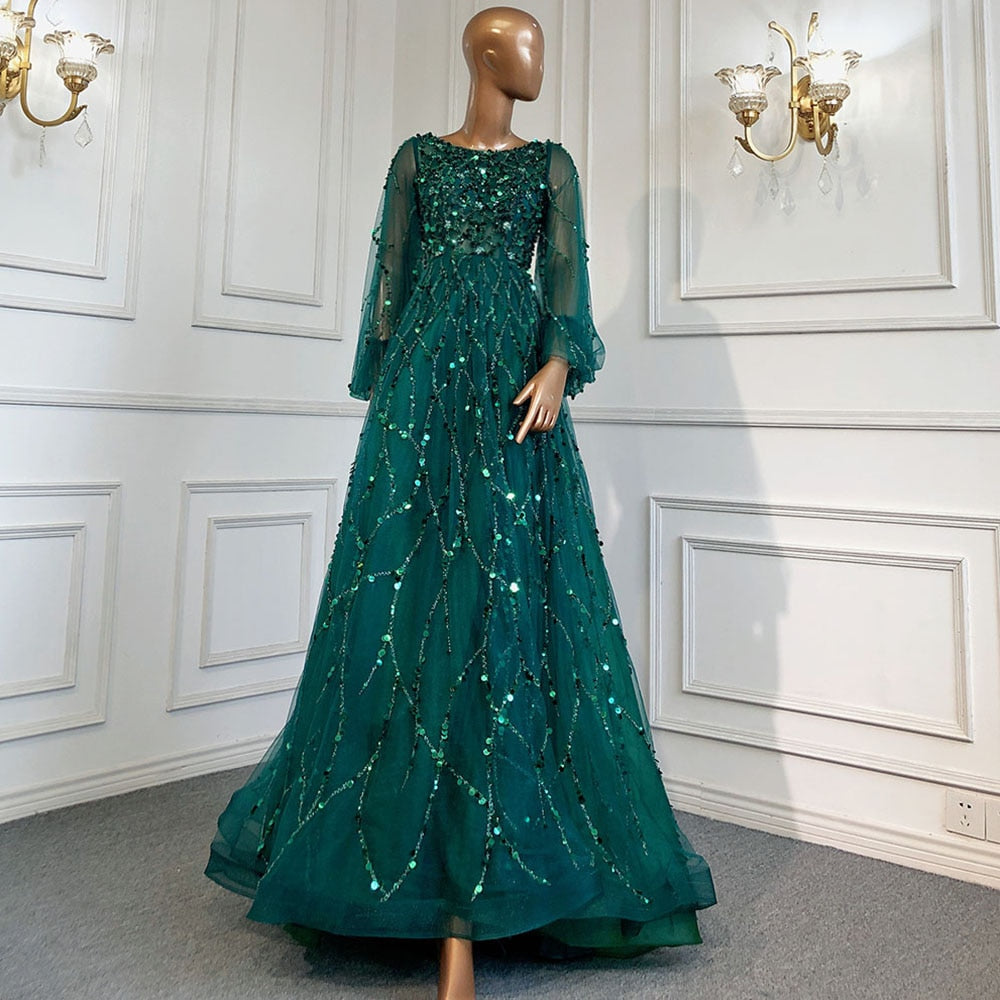 Serene Hill Muslim Green A-Line Luxury Evening Dreses Gowns 2025  O-Neck Puff Sleeves Beaded Sexy Formal Woman Party LA71049A