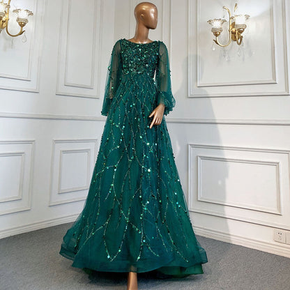 Serene Hill Muslim Green A-Line Luxury Evening Dreses Gowns 2025  O-Neck Puff Sleeves Beaded Sexy Formal Woman Party LA71049A