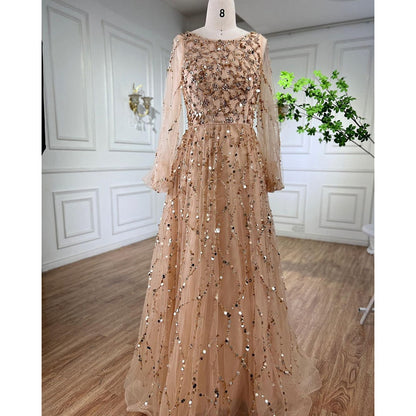 Serene Hill Muslim Green A-Line Luxury Evening Dreses Gowns 2025  O-Neck Puff Sleeves Beaded Sexy Formal Woman Party LA71049A