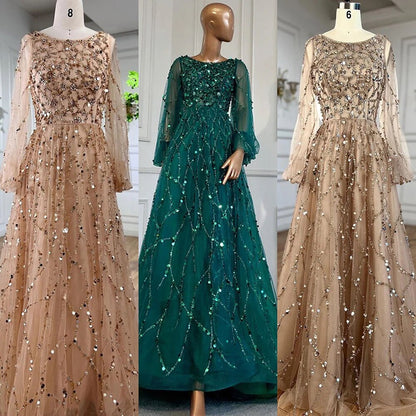 Serene Hill Muslim Green A-Line Luxury Evening Dreses Gowns 2025  O-Neck Puff Sleeves Beaded Sexy Formal Woman Party LA71049A