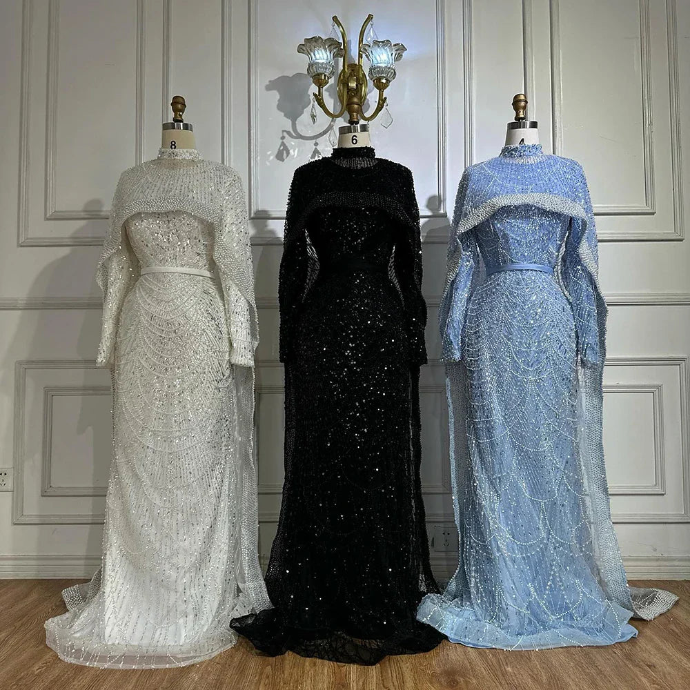 Luxury Dubai Muslim Long Sleeve Evening Dresses Pearls Beaded Gowns LA72032MP