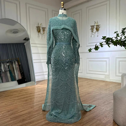 Luxury Dubai Muslim Long Sleeve Evening Dresses Pearls Beaded Gowns LA72032MP