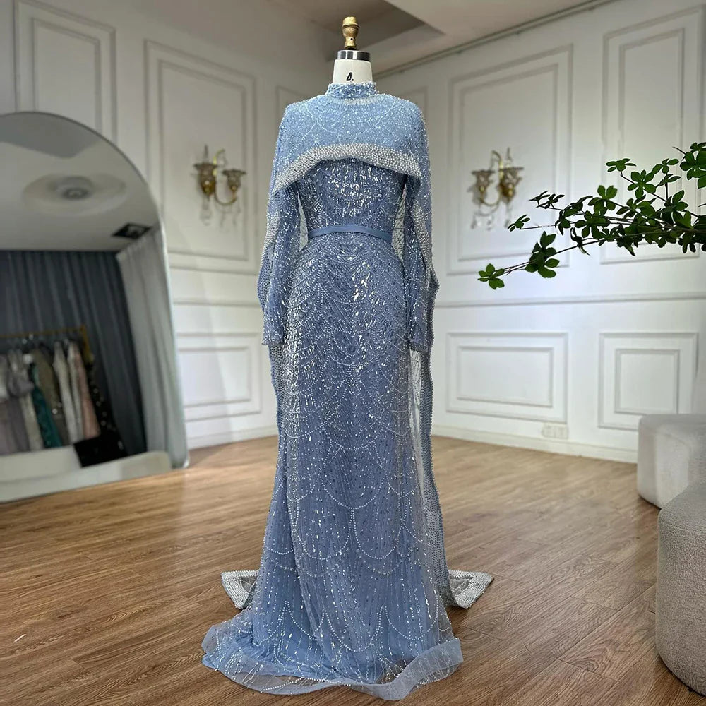 Luxury Dubai Muslim Long Sleeve Evening Dresses Pearls Beaded Gowns LA72032MP