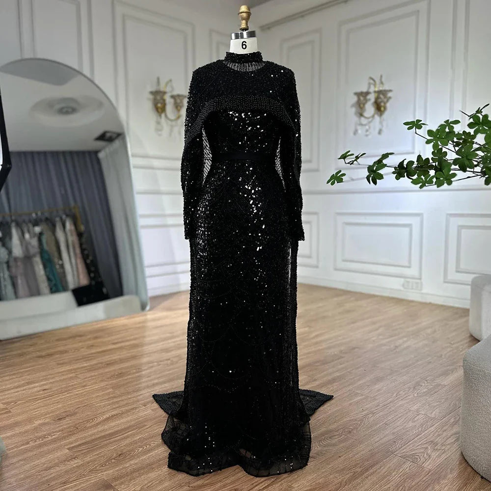 Luxury Dubai Muslim Long Sleeve Evening Dresses Pearls Beaded Gowns LA72032MP