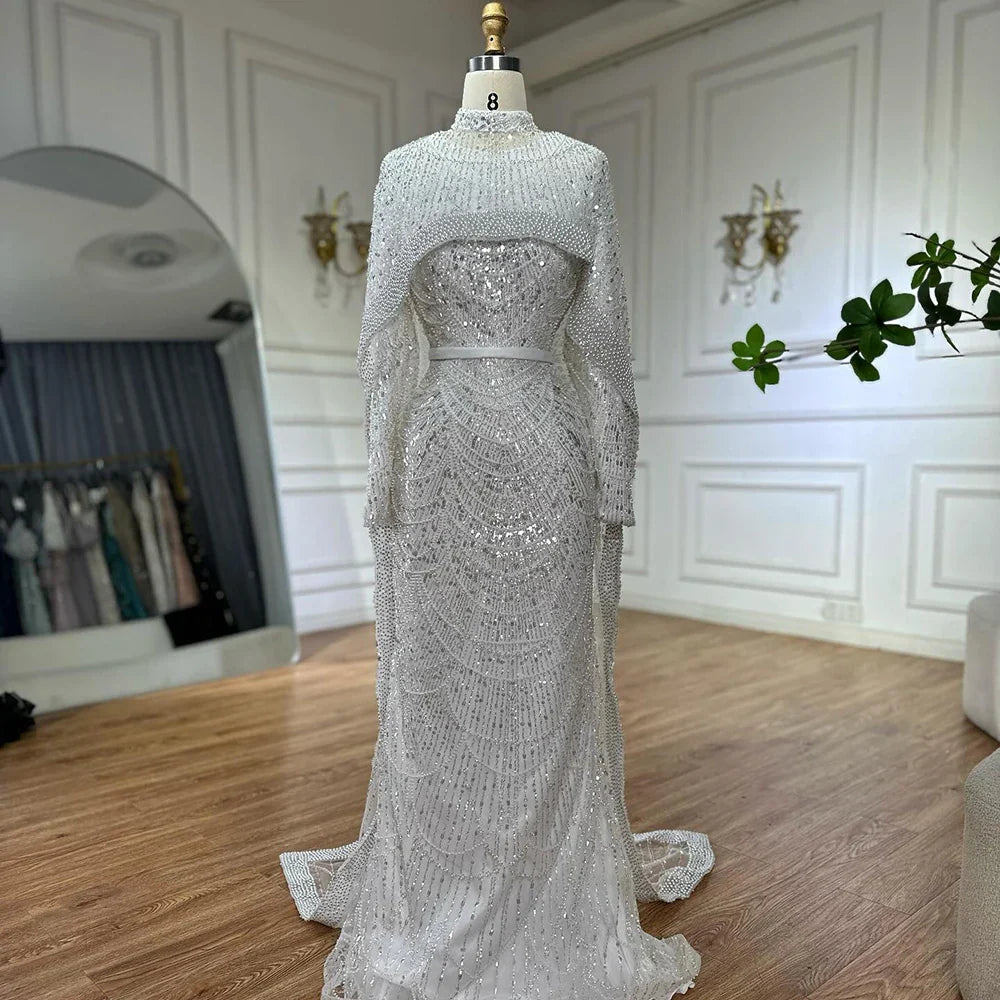 Luxury Dubai Muslim Long Sleeve Evening Dresses Pearls Beaded Gowns LA72032MP