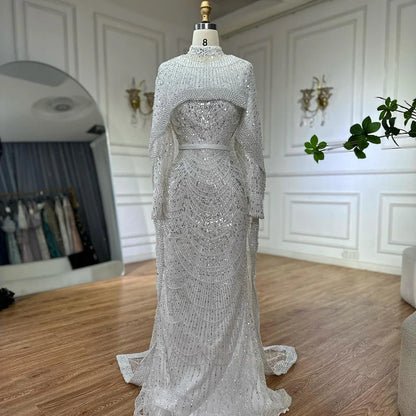 Luxury Dubai Muslim Long Sleeve Evening Dresses Pearls Beaded Gowns LA72032MP