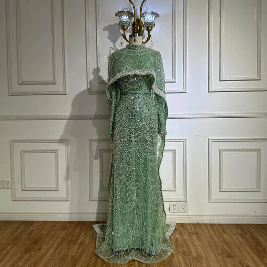 Luxury Dubai Muslim Long Sleeve Evening Dresses Pearls Beaded Gowns LA72032MP