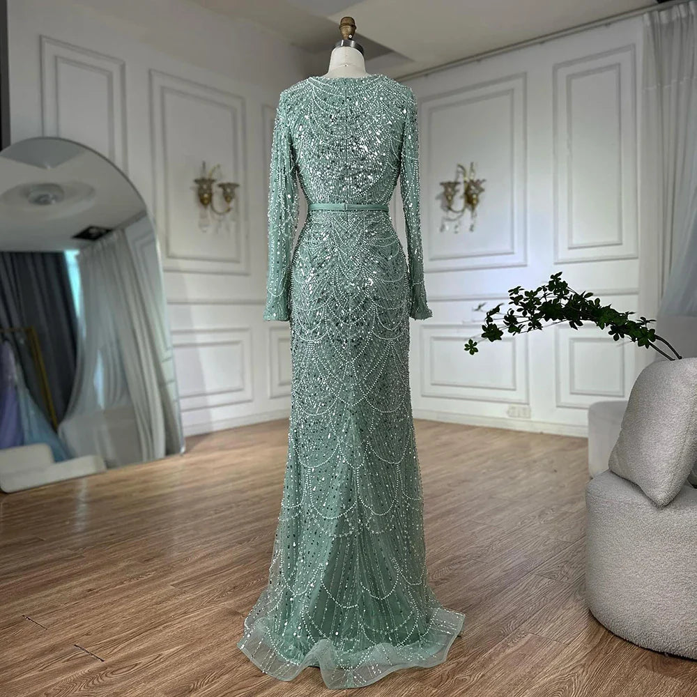 Luxury Dubai Muslim Long Sleeve Evening Dresses Pearls Beaded Gowns LA72032MP