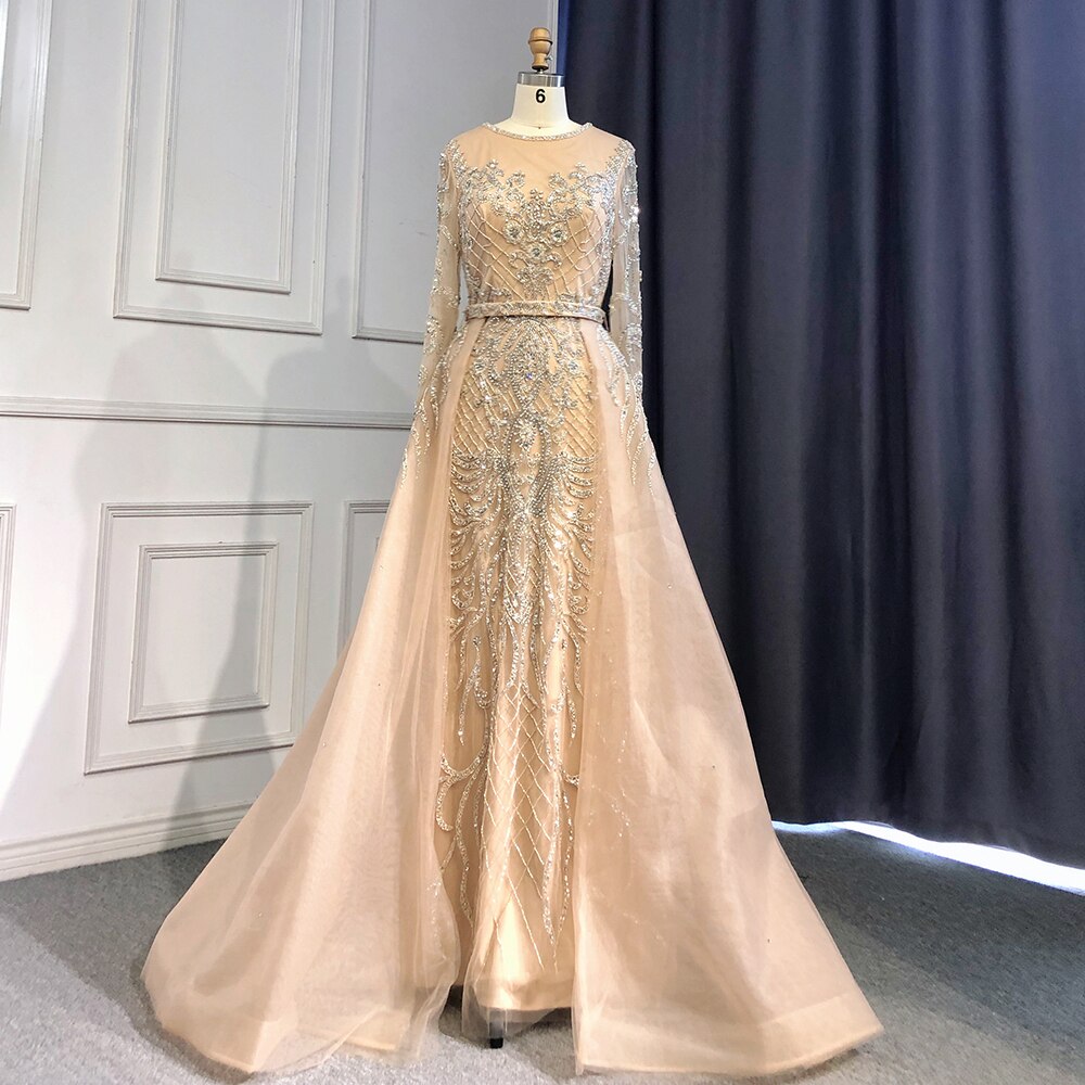Luxury Nude Beaded Mermaid Evening Dress with Overskirt LA71352