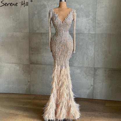 Luxury Muslim Nude Meramid Evening Dresses Gowns Beaded Feathers Elegant LA71093