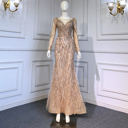 Luxury Muslim Nude Meramid Evening Dresses Gowns Beaded Feathers Elegant LA71093