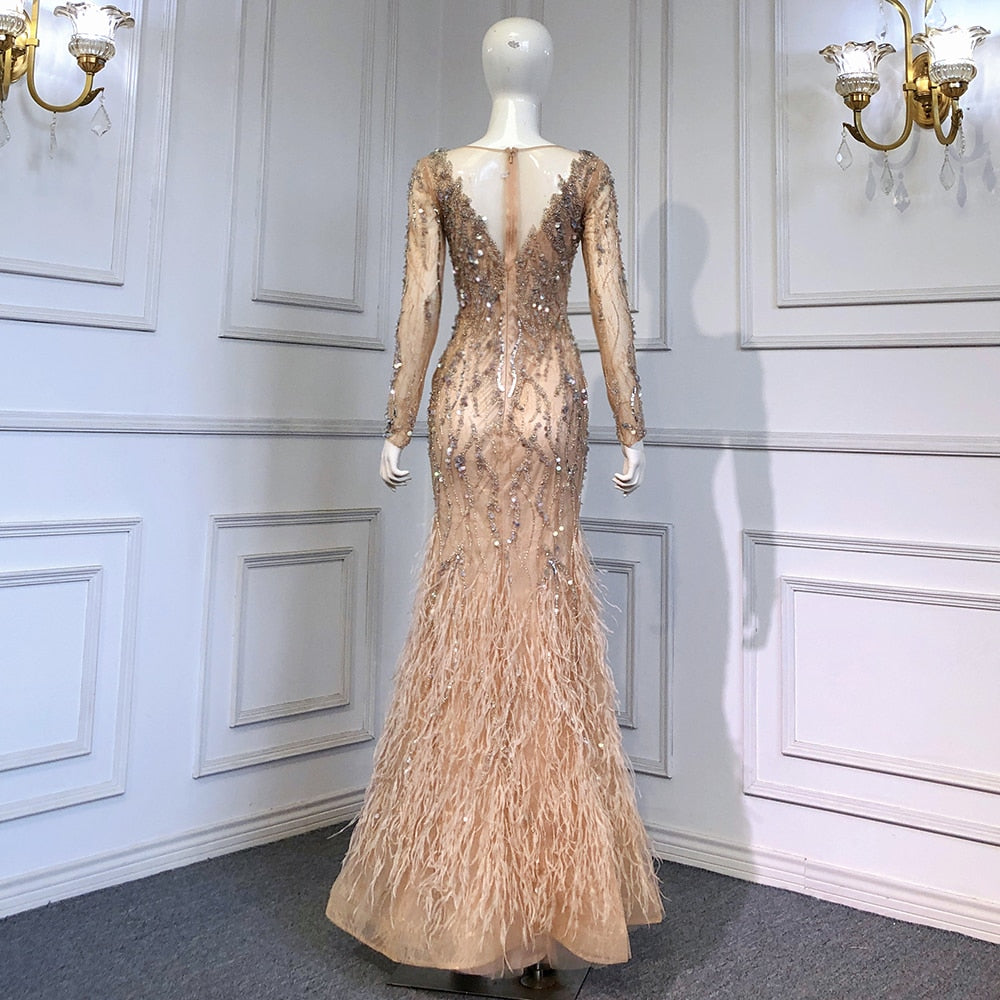 Luxury Muslim Nude Meramid Evening Dresses Gowns Beaded Feathers Elegant LA71093