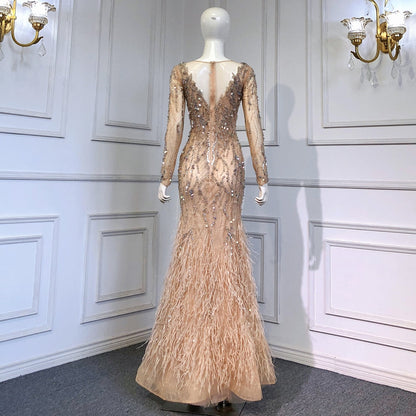 Luxury Muslim Nude Meramid Evening Dresses Gowns Beaded Feathers Elegant LA71093