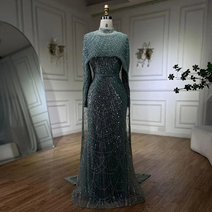 Luxury Dubai Arabia Muslim Nude Mermaid Long Cape Evening Dresses Gowns LA72032