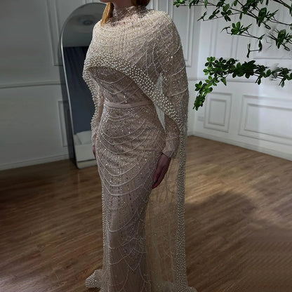 Luxury Nude Mermaid Evening Dress with Cape Dubai Arabic Style LA72032M