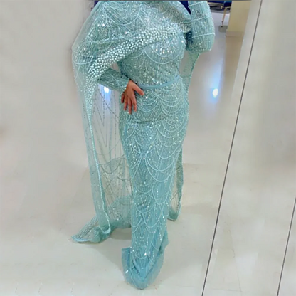 Luxury Nude Mermaid Evening Dress with Cape Dubai Arabic Style LA72032M