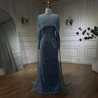 Luxury Nude Mermaid Evening Dress with Cape Dubai Arabic Style LA72032M