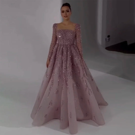 Luxury Pink Long Sleeves Dubai  Evening Dresses  Gowns For Party LA71915