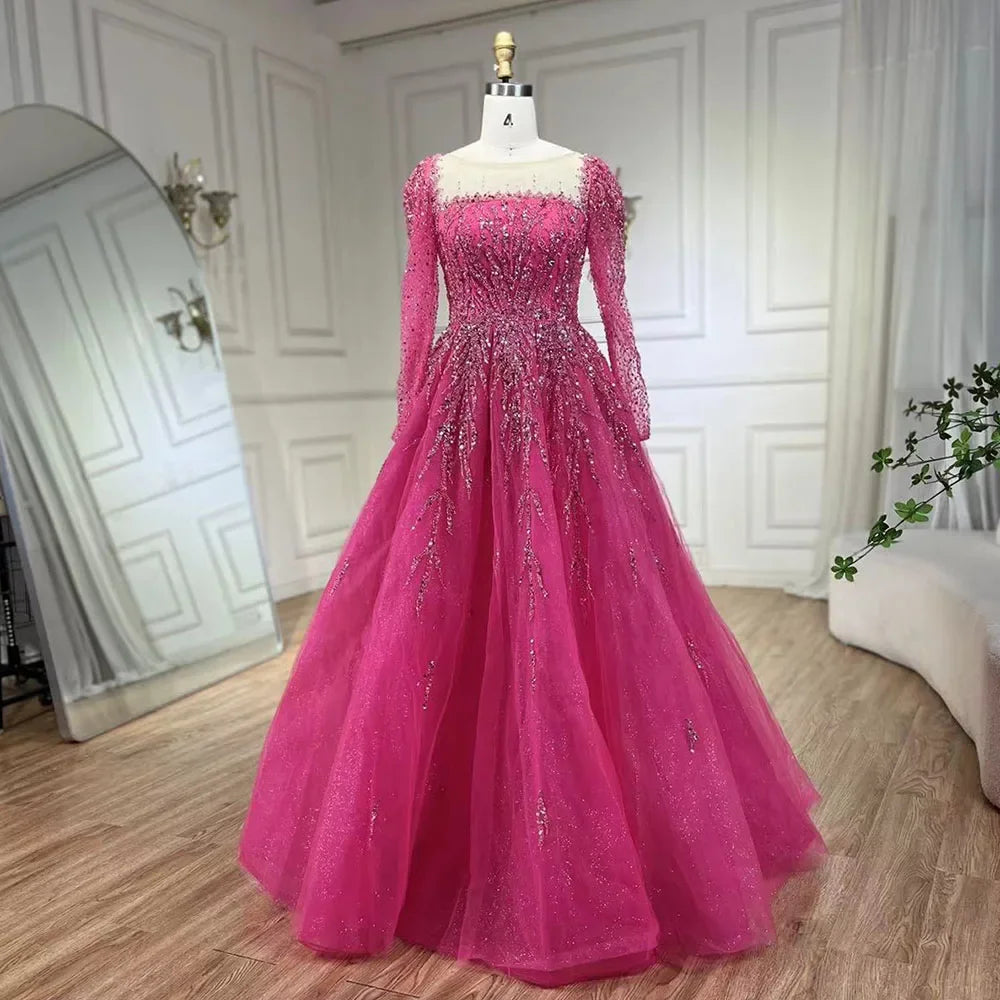 Luxury Pink Long Sleeves Dubai  Evening Dresses  Gowns For Party LA71915
