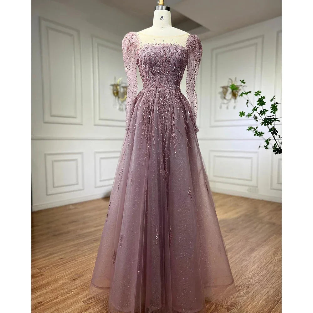Luxury Pink Long Sleeves Dubai  Evening Dresses  Gowns For Party LA71915