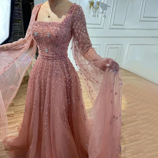 Luxury Designer Pink Dubai Evening Dress With Cape  LA71803A