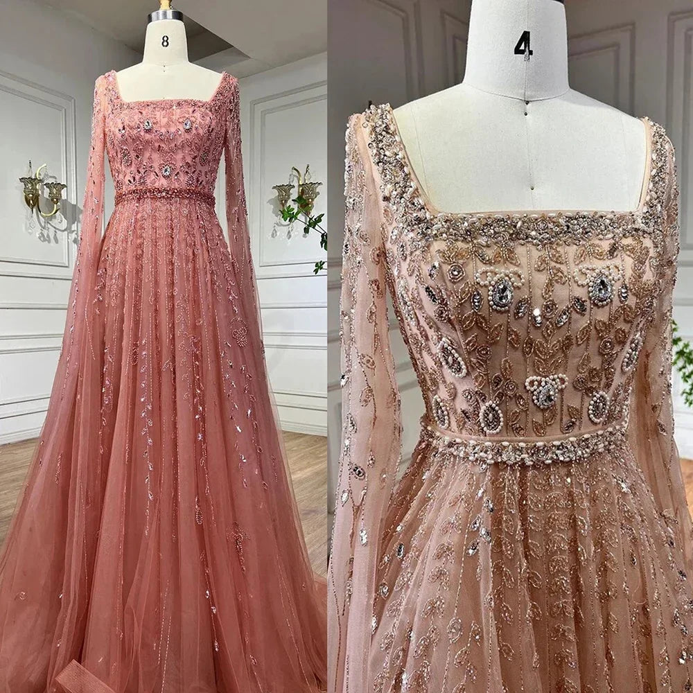 Luxury Designer Pink Dubai Evening Dress With Cape  LA71803A