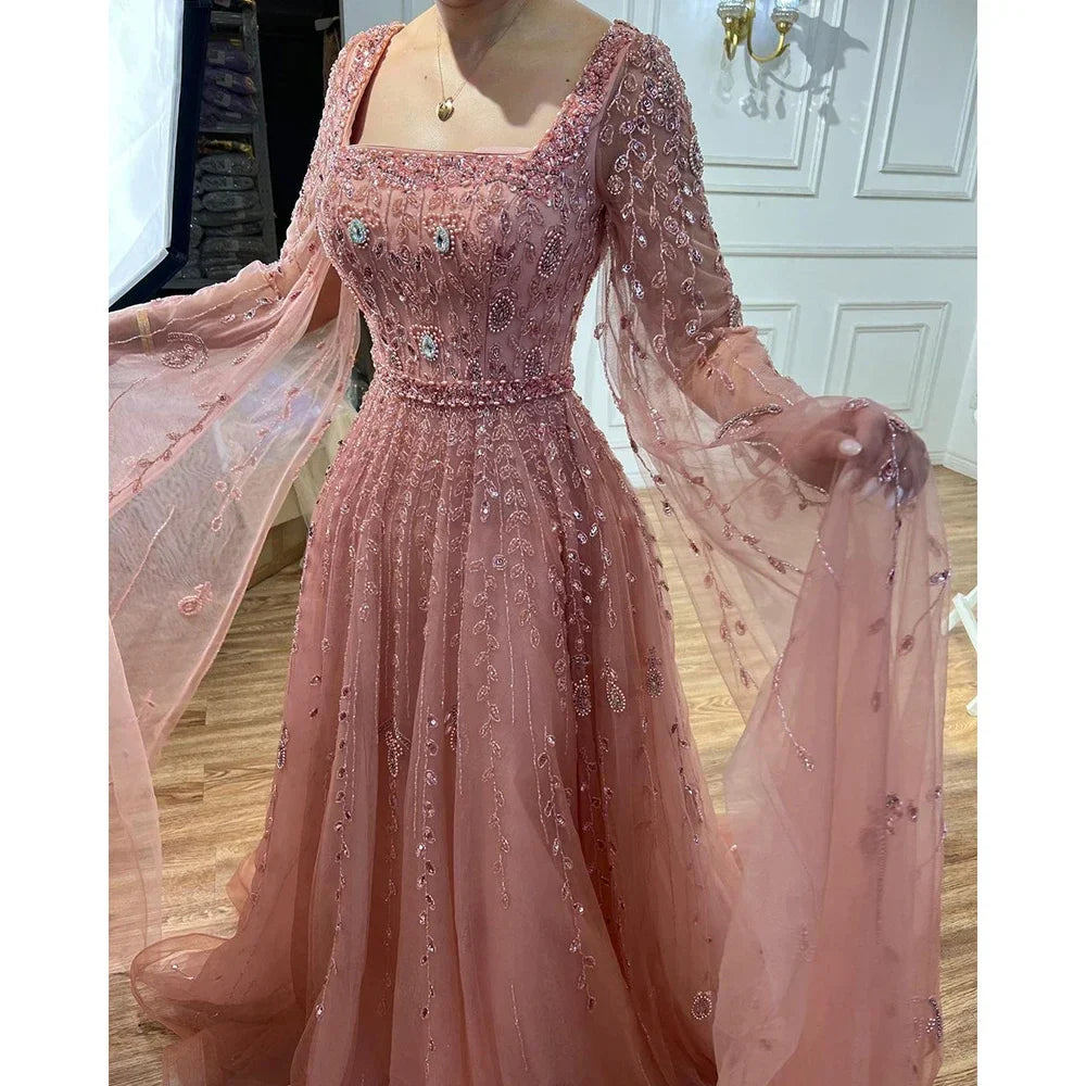 Luxury Designer Pink Dubai Evening Dress With Cape  LA71803A