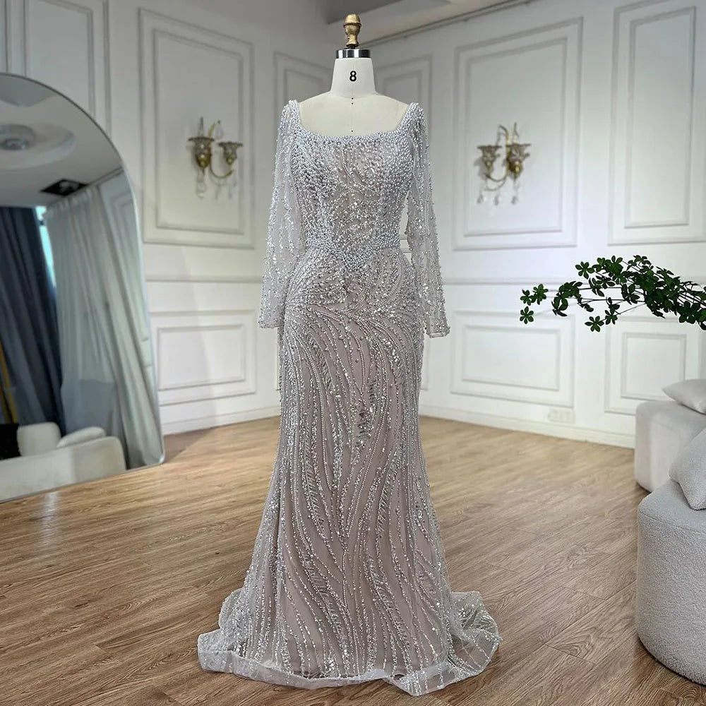 Luxury Dubai White Nude Pearls Long Sleeves  Beaded  Evening Dresses Gowns LA72266A