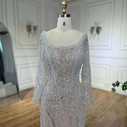 Luxury Dubai White Nude Pearls Long Sleeves  Beaded  Evening Dresses Gowns LA72266A