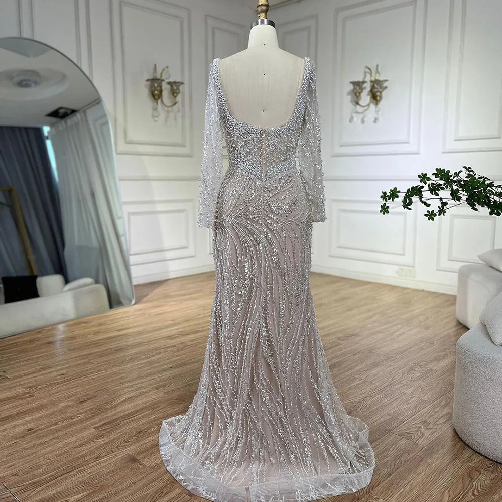 Luxury Dubai White Nude Pearls Long Sleeves  Beaded  Evening Dresses Gowns LA72266A