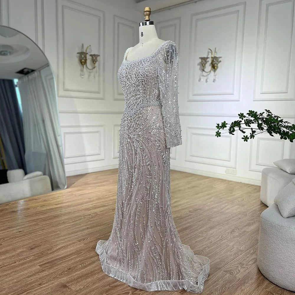 Luxury Dubai White Nude Pearls Long Sleeves  Beaded  Evening Dresses Gowns LA72266A