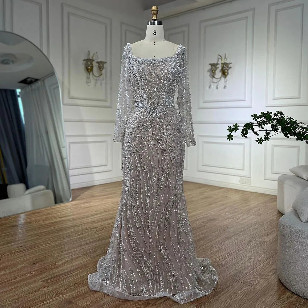 Luxury Dubai White Nude Pearls Long Sleeves  Beaded  Evening Dresses Gowns LA72266A