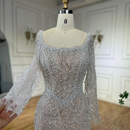Luxury Dubai White Nude Pearls Long Sleeves  Beaded  Evening Dresses Gowns LA72266A