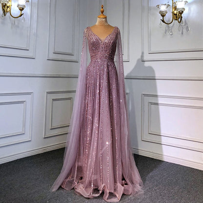 Luxury Nude Dubai Evening Dress with Cape Sleeves LA71567