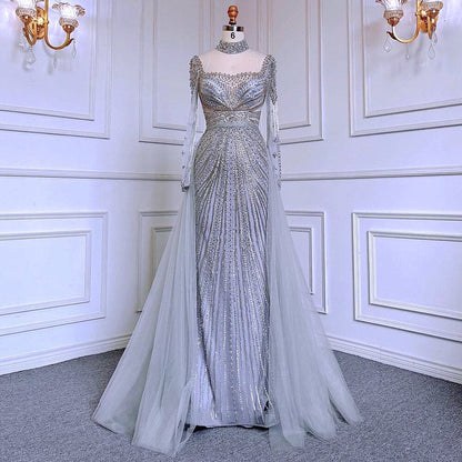 Luxury Nude Muslim Beaded Tassel Mermaid Evening Wedding Party Dresses LA71533