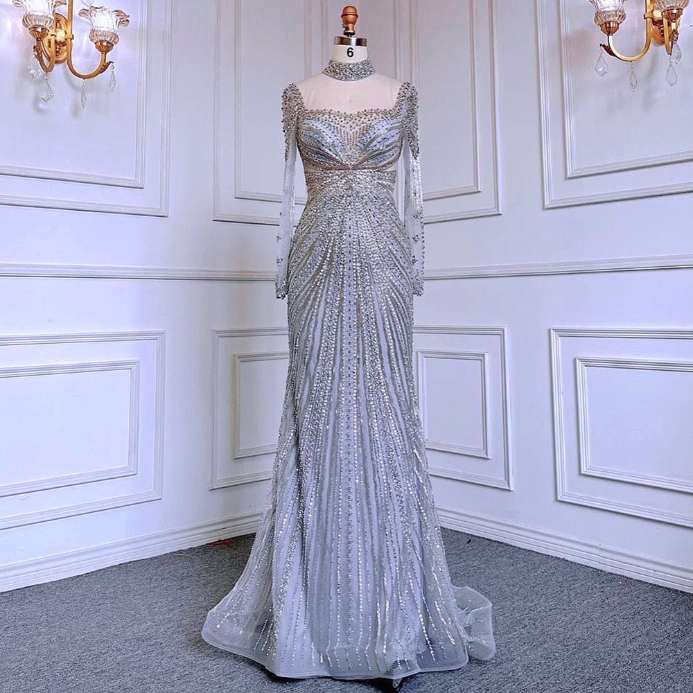 Luxury Nude Muslim Beaded Tassel Mermaid Evening Wedding Party Dresses LA71533