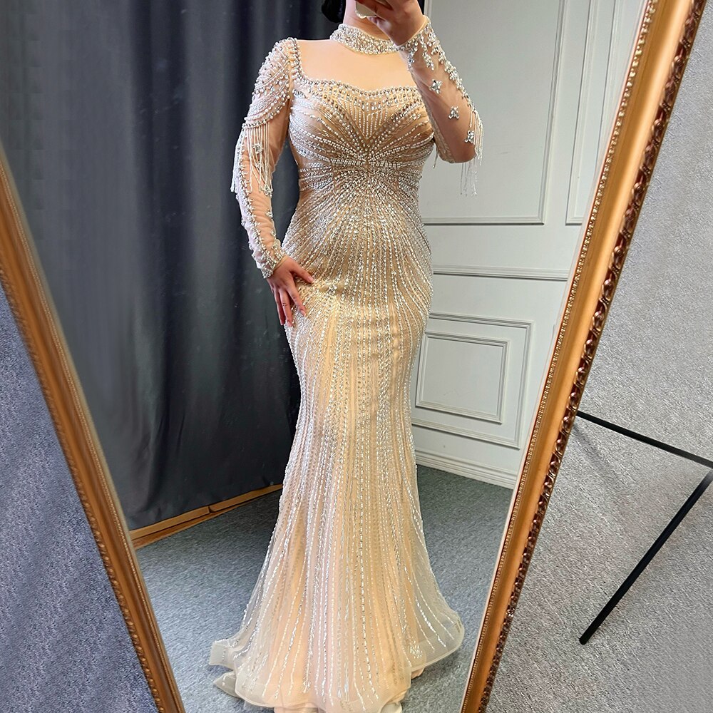 Luxury Nude Muslim Beaded Tassel Mermaid Evening Wedding Party Dresses LA71533