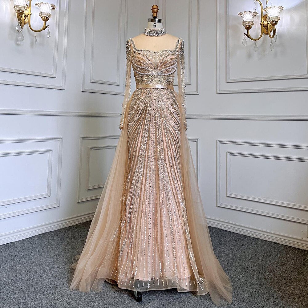 Luxury Nude Muslim Beaded Tassel Mermaid Evening Wedding Party Dresses LA71533