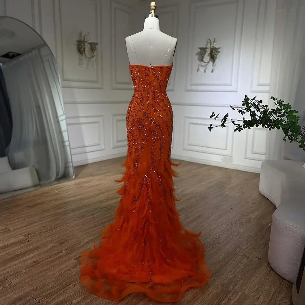 Luxury Feathers Beaded Orange Spaghetti Strap Mermaid Evening Dresses Gowns  LA72272