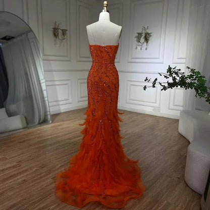 Luxury Feathers Beaded Orange Spaghetti Strap Mermaid Evening Dresses Gowns  LA72272