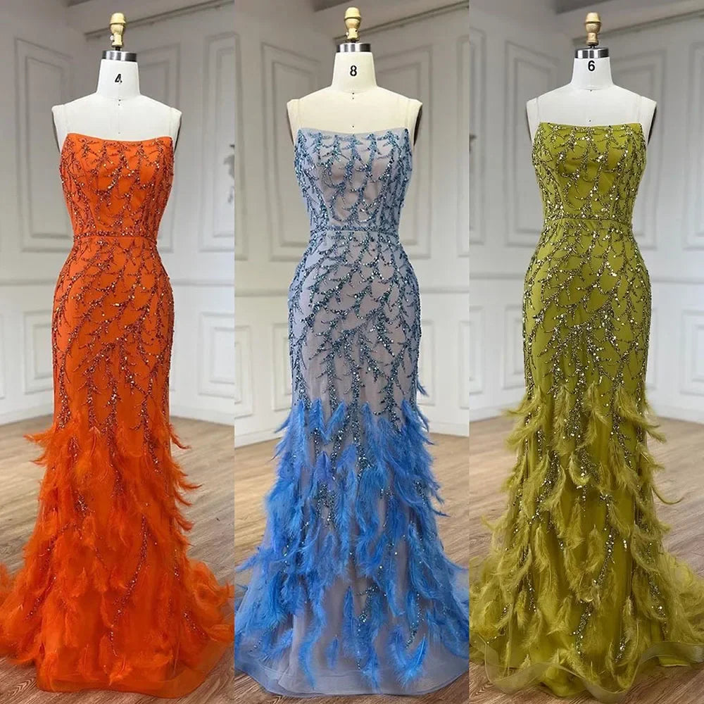 Luxury Feathers Beaded Orange Spaghetti Strap Mermaid Evening Dresses Gowns  LA72272