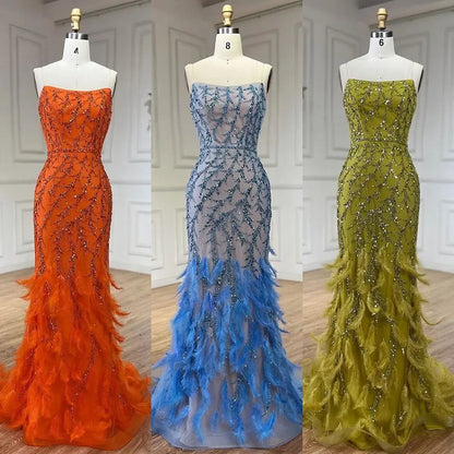 Luxury Feathers Beaded Orange Spaghetti Strap Mermaid Evening Dresses Gowns  LA72272