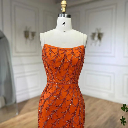 Luxury Feathers Beaded Orange Spaghetti Strap Mermaid Evening Dresses Gowns  LA72272