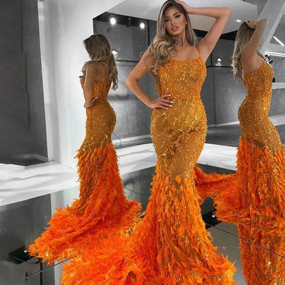 Luxury Feathers Beaded Orange Spaghetti Strap Mermaid Evening Dresses Gowns  LA72272