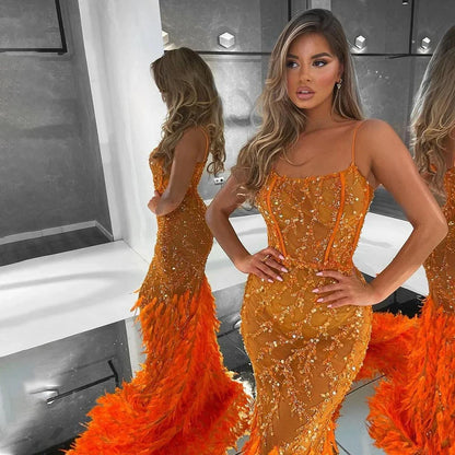 Luxury Feathers Beaded Orange Spaghetti Strap Mermaid Evening Dresses Gowns  LA72272