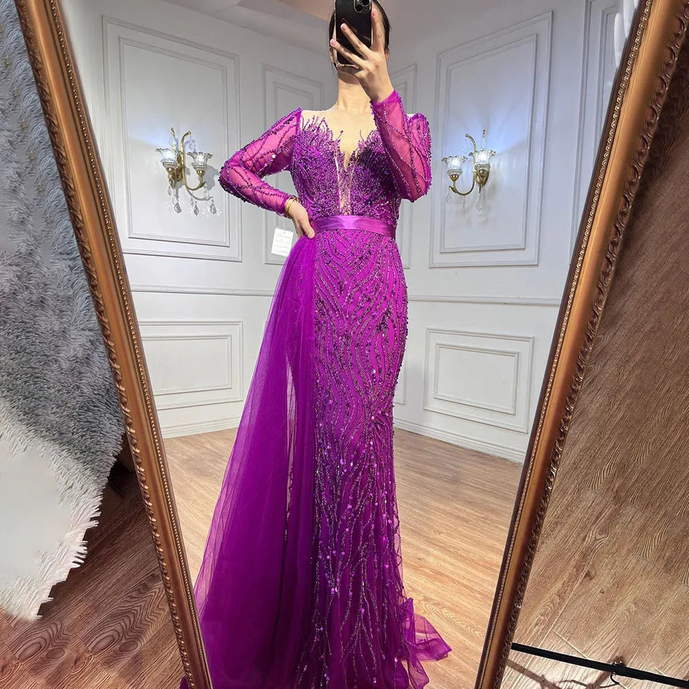 Luxury Purple Lace Beaded Mermaid Evening Dress with Skirt LA71752