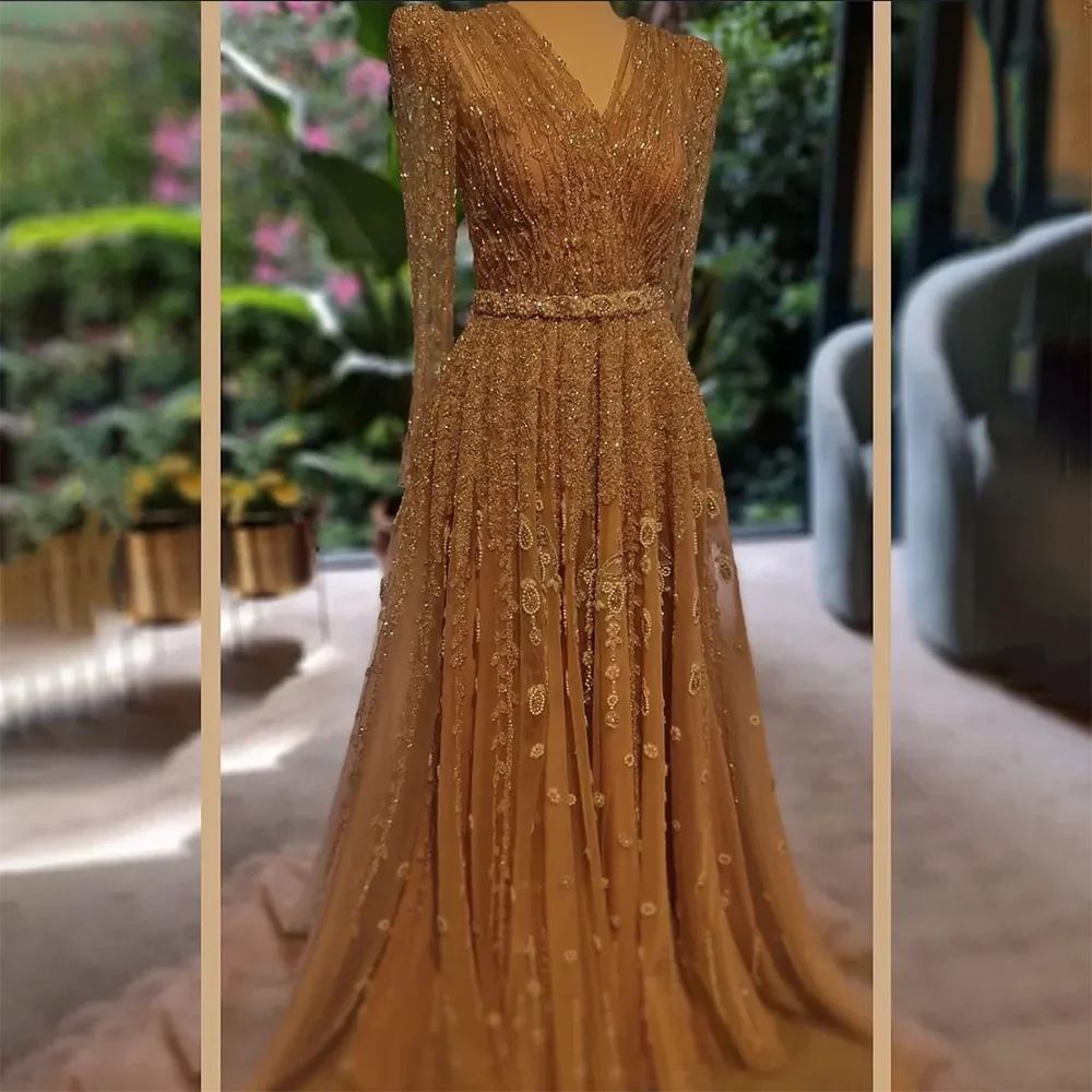 Luxury Nude A Line Beaded Evening Dress for Formal Occasion LA71803D
