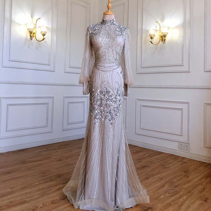 Silver Mermaid Luxury Beaded Evening Dress Gown Full Sleeves LA71036 (On Sale, No Return, No Refund)
